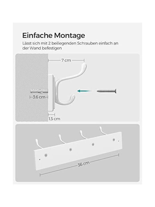 Songmics Metal Wall Hanger 8 Hooks White 40x7x9cm
