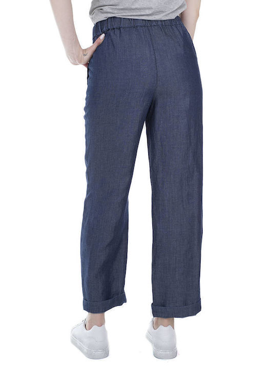 Armani Exchange Women's Linen Trousers with Elastic Blue