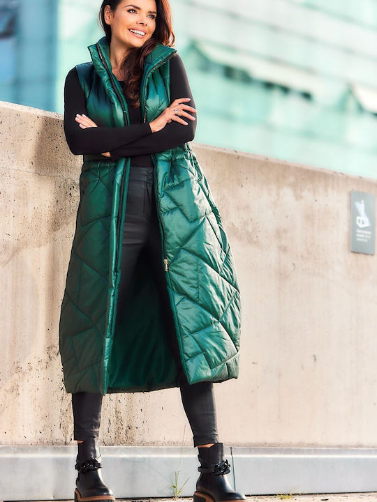 Awama A544 Lang Damen Ärmellos Puffer Jacke für Winter Πρασινο (Green)