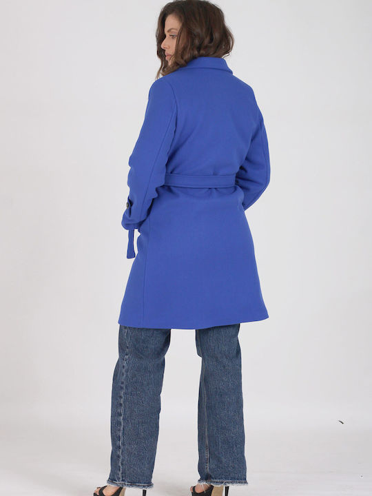 Secret Fashion Women's Short Half Coat with Belt Blue