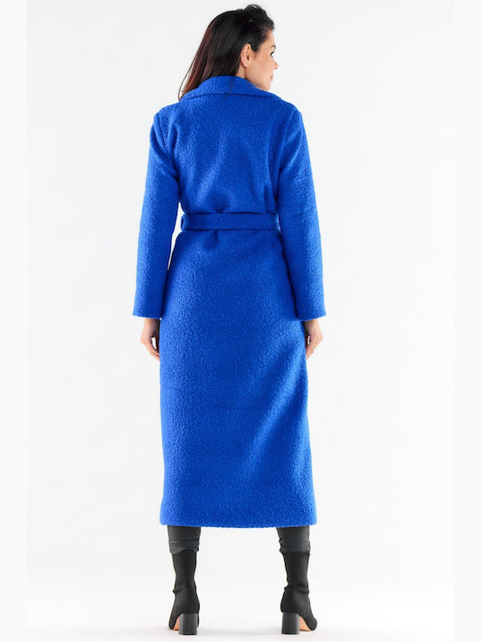 Awama Women's Long Coat with Buttons Blue