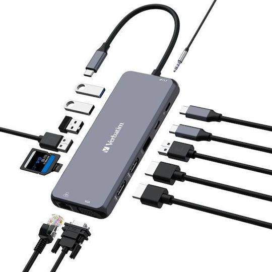 Verbatim USB-C Pro CMH-14 USB-C Docking Station mit HDMI 4K PD Ethernet und Verbindung 3 Monitore Gray