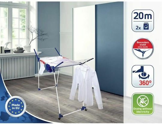 Leifheit Pegasus 200 Deluxe Folding Aluminum Floor Clothes Drying Rack with Wheels and 20 m Hanging Length