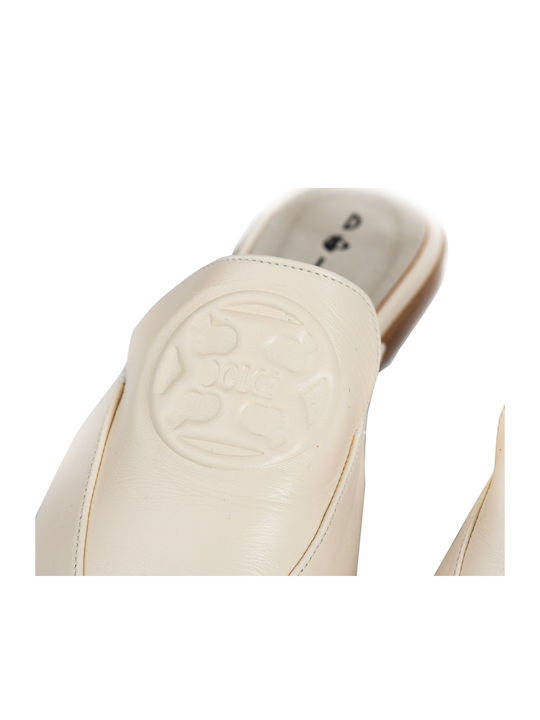 Flat Leather Mules in Beige Color