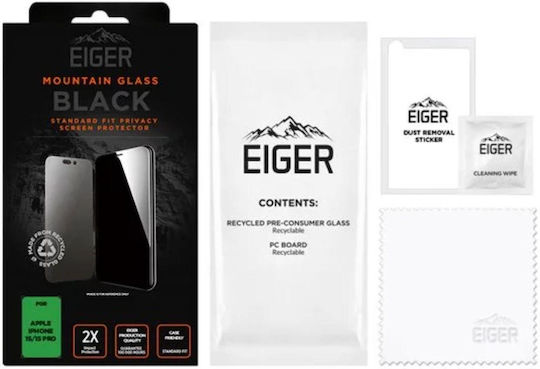 Eiger 2.5D Поверителност Закалено стъкло за цялото лице Черен (iPhone 15)