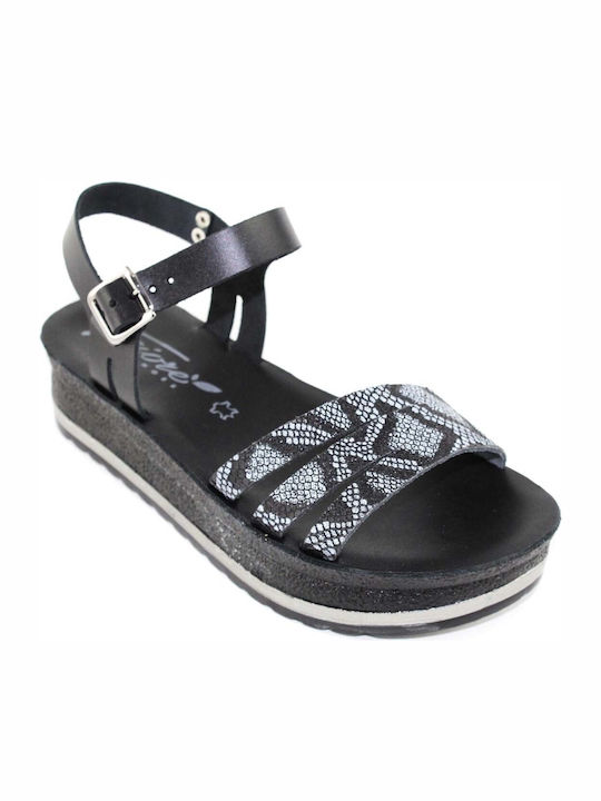 Fiore Collection Leather Women's Flat Sandals Flatforms in Black Color