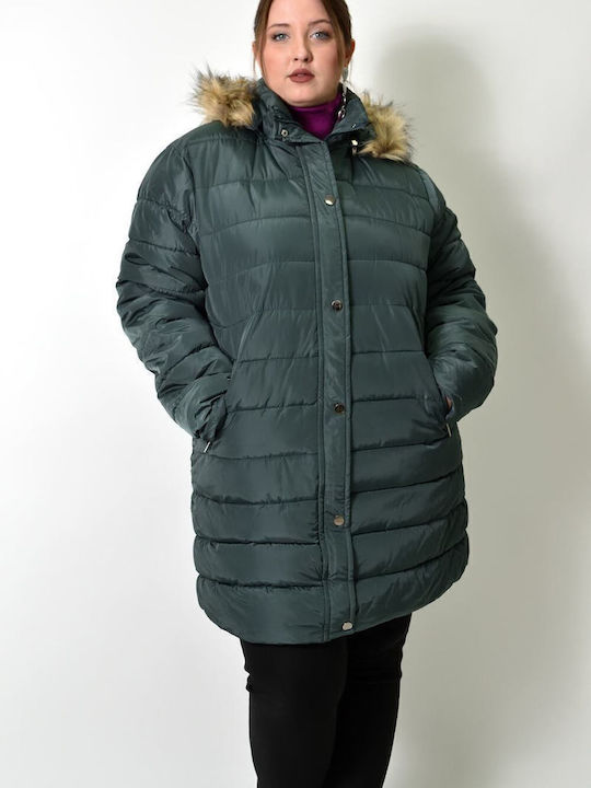 Women's Short Puffer Jacket for Winter with Hood Petrol Blue