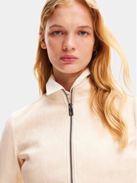 Toronto Women's Short Biker Leather Jacket for Winter Beige