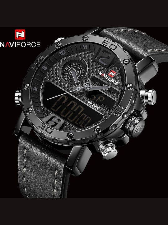 Naviforce Мъжки Часовник 45mm Хронограф На Батерия С Черна Кожена Каишка