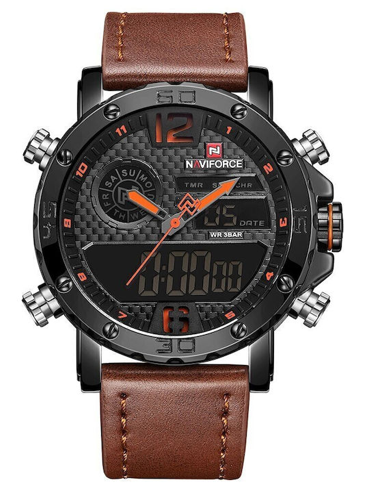 Naviforce Herrenuhr 45mm Chronograph Batterie mit Braun Lederarmband