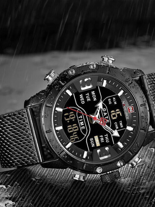 Naviforce Herrenuhr 45mm Chronograph Batterie mit Schwarz Metallarmband