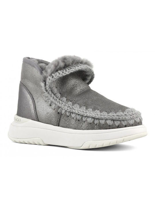 Mou Eskimo Leather Women's Ankle Boots with Fur Silver