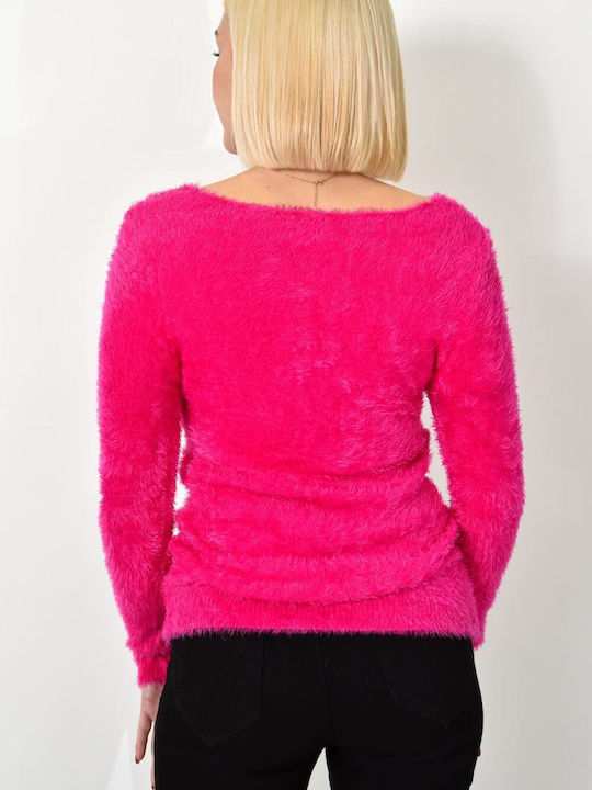 Potre Women's Long Sleeve Sweater Cotton with V Neckline Fuchsia