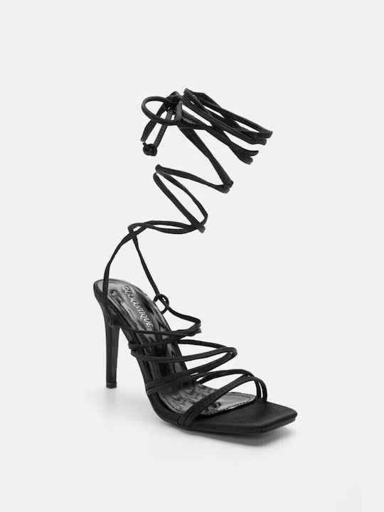 Luigi Fabric Women's Sandals with Laces Black with High Heel