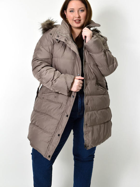 Potre Women's Short Puffer Jacket for Winter with Hood Beige