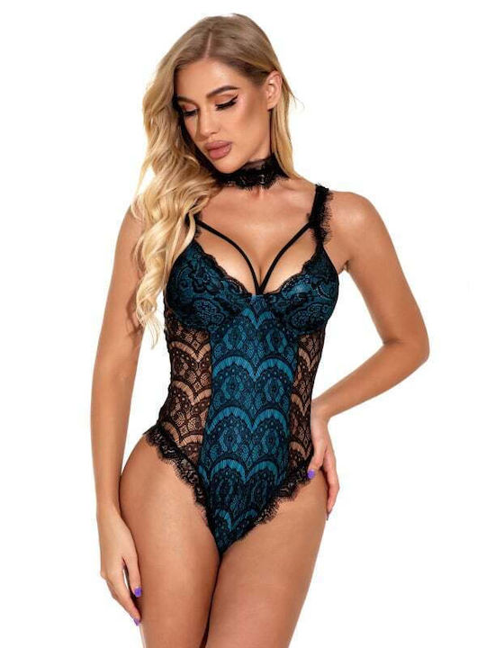 La Lolita Amsterdam Sexy Bodysuit with Lace Lace Bodysuit with Tulle in the Center & Slides on the Side Petrol