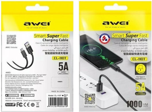 Awei CL-110T USB 2.0 Cable USB-C male - USB-A Μαύρο 1m 887974