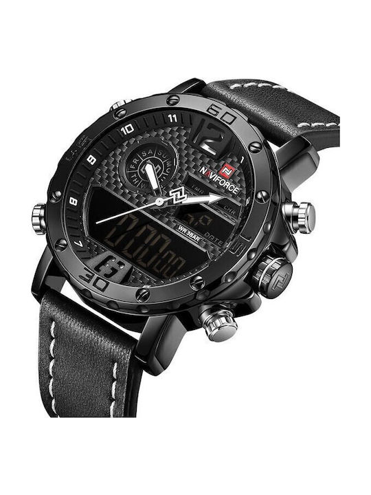 Naviforce Ceas Analogic/Digital pentru bărbați 45mm Cronograf Baterie cu Curea din piele neagră