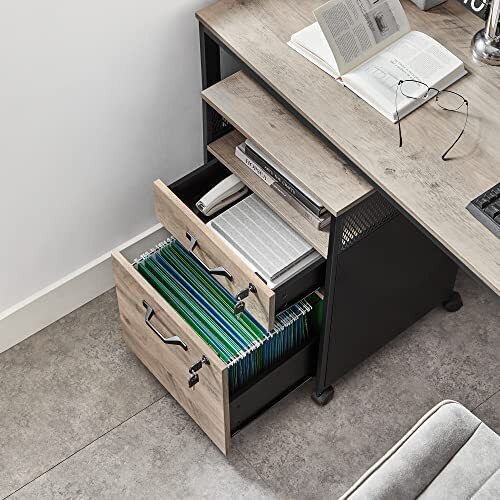 Cabinet de Birou din MDF & Metal cu Roți & Sertare Grey Black 42x44x69cm