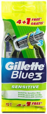 Gillette Blue 3 Sensitive Disposable Razors with 3 Blades & Lubricating Tape for Sensitive Skin 5pcs