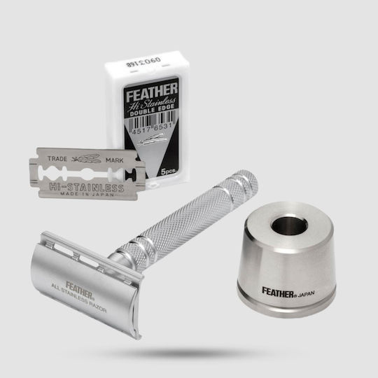 Feather All Stainless Steel Double-Edge AS-D2S Ξυραφάκι Ασφαλείας Ανοιχτού Τύπου για Ευαίσθητες Επιδερμίδες με Βάση