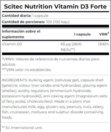 Scitec Nutrition Vitamin D3 Forte Βιταμίνη για Ενίσχυση του Ανοσοποιητικού & την Υγεία των Οστών 2600iu 100 κάψουλες