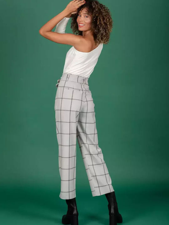 Women's High-waisted Fabric Trousers Checked Light Grey