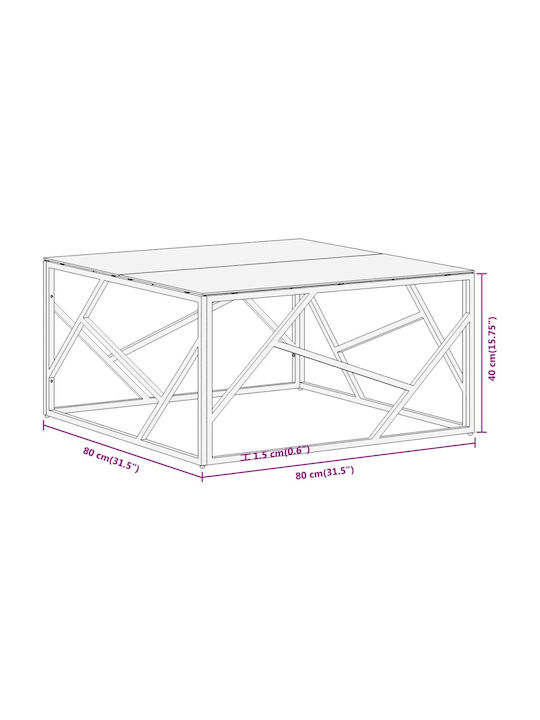 Square Central Glass Coffee Table Silver 80xWidth 80xHeight 40 cm