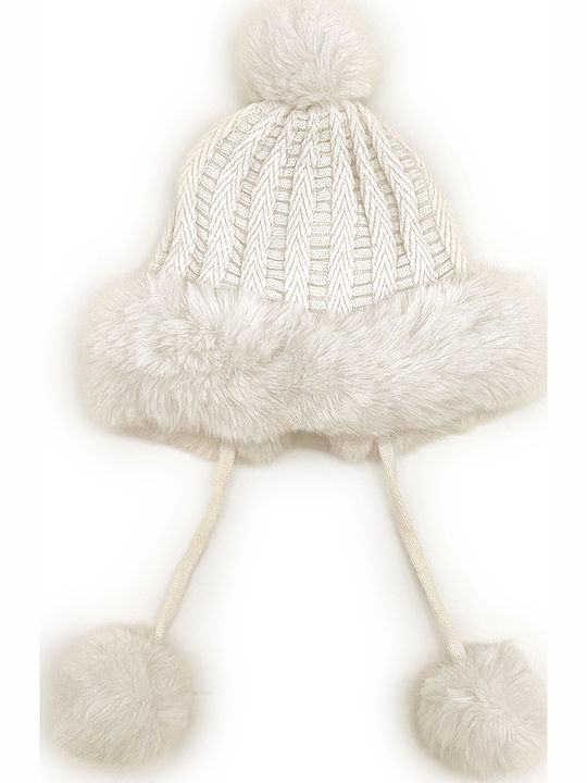 Pom Pom Beanie Γυναικείος Fleece Σκούφος Πλεκτός σε Λευκό χρώμα