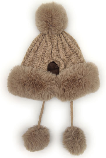 Pom Pom Beanie Fleece Beanie Knitted in Brown color