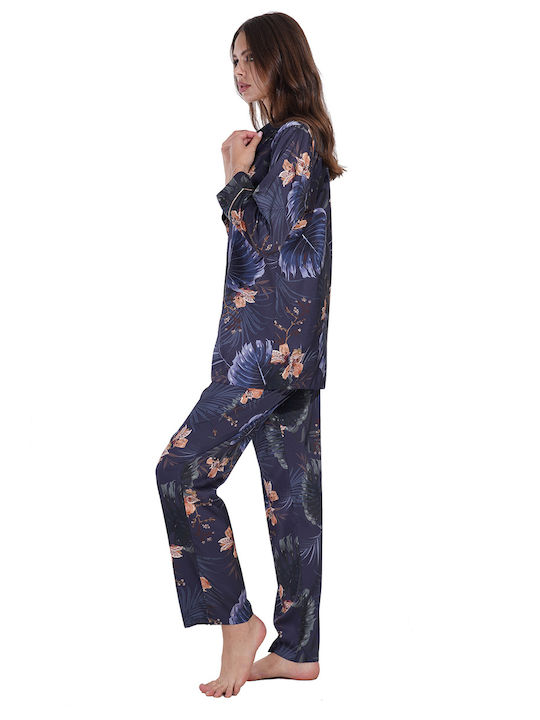 Vienetta Secret Winter Damen Pyjama-Set Satin Blau Vienetta