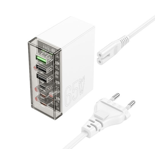 Hoco Charging Stand with 3 USB-A Ports and 3 USB-C Ports 65W Power Delivery / Quick Charge 3.0 in White color (N36)