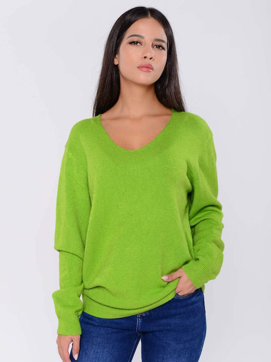 Doretta Women's Long Sleeve Sweater with V Neckline Polka Dot Lime
