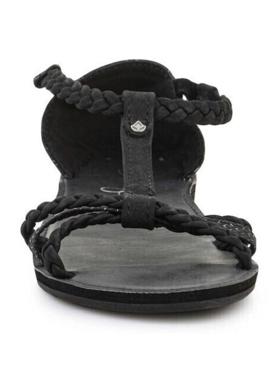 Leder Flache Sandalen für Damen mit Riemen in Schwarz Farbe