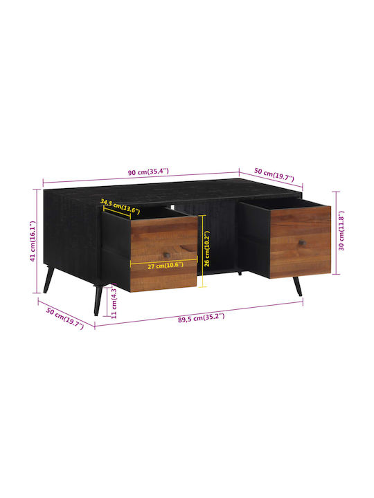 vidaXL Rechteckiges Zentral Kaffeetisch aus Massivholz mit Schubladen Schwarz M90xB50xH41cm
