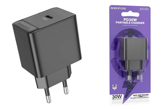 Borofone Φορτιστής Χωρίς Καλώδιο με Θύρα USB-C 30W Power Delivery Μαύρος (BAS15A)