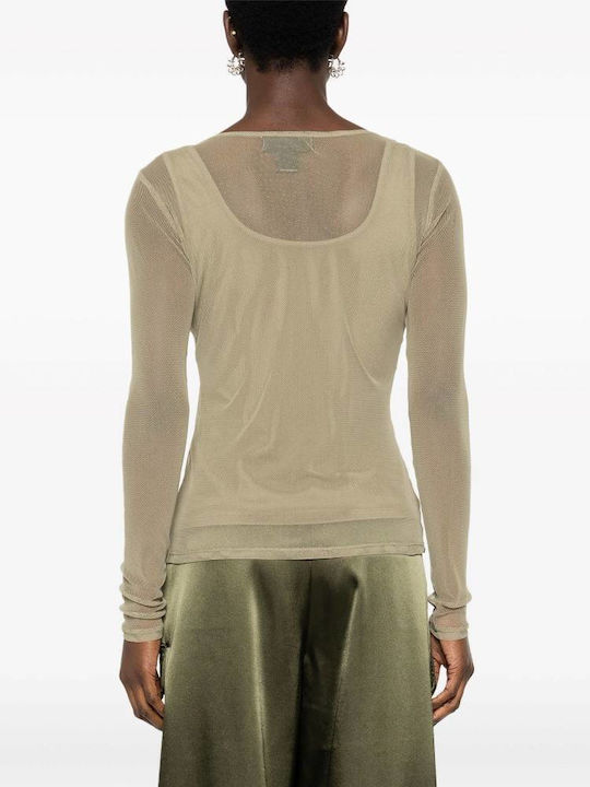 DKNY Women's Blouse Long Sleeve Khaki