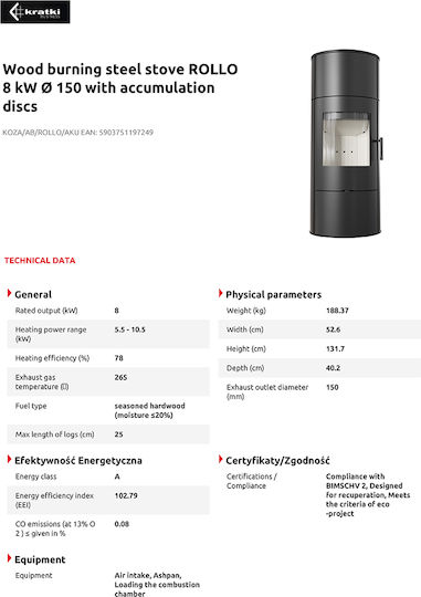 Kratki Stahl Holzofen 7kW Schwarz