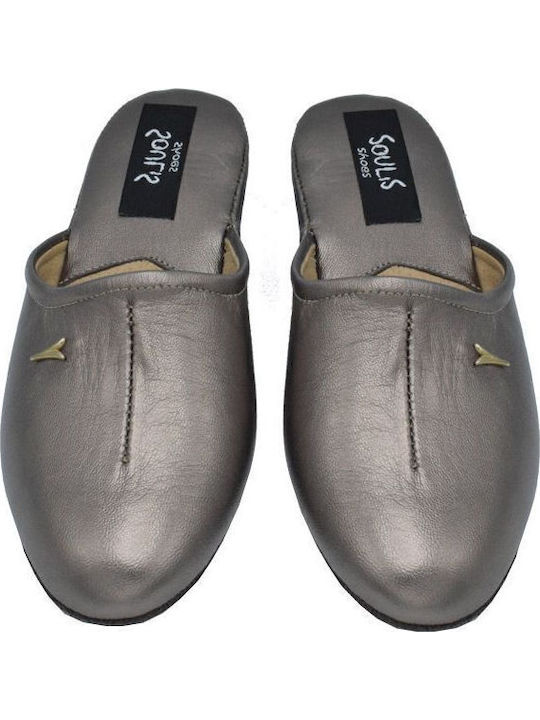 Leather Winter Women's Slippers Brown