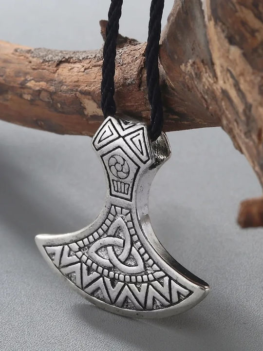 Огърлица Топор Дизайн Трикетра Сребрист Отенък Черен Каишка Necklace Ax Symbol Triqueta Silver Shade Black Rope Molfs