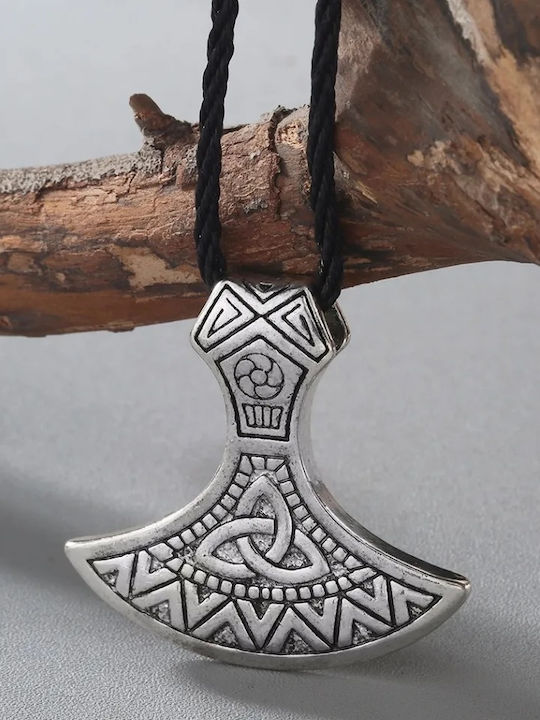 Огърлица Топор Дизайн Трикетра Сребрист Отенък Черен Каишка Necklace Ax Symbol Triqueta Silver Shade Black Rope Molfs