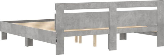 Bed King Size Wooden Grey Concrete with Slats for Mattress 180x200cm