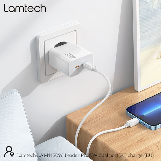 Lamtech Φορτιστής Χωρίς Καλώδιο με 2 Θύρες USB-C 35W Quick Charge 3.0 / Power Delivery Λευκός (LAM113096)