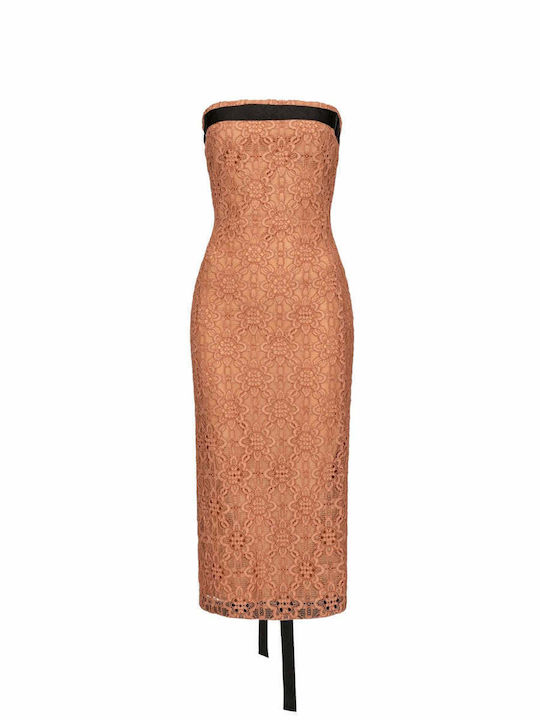 Pera Lace Καλοκαιρινό Midi Φόρεμα για Γάμο / Βάπτιση Strapless με Δαντέλα Ροζ