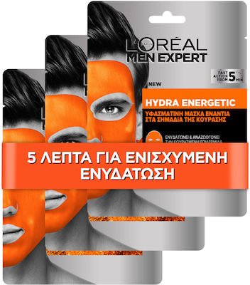 L'Oreal Paris Men Expert Hydra Energetic Μάσκα Προσώπου για Ενυδάτωση 3x30gr