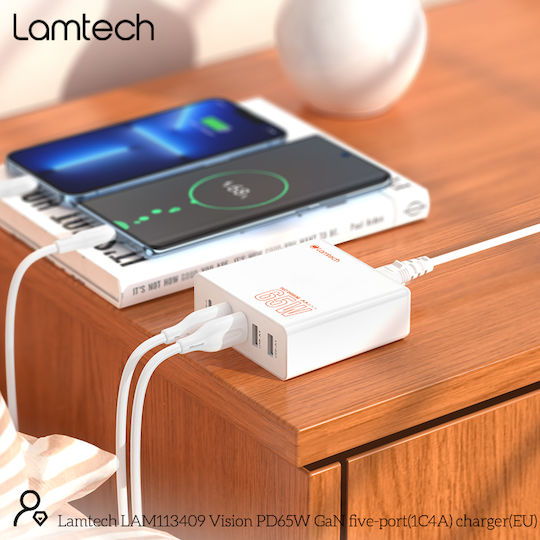 Lamtech Βάση Φόρτισης GaN με 4 Θύρες USB-A και Θύρα USB-C 65W Power Delivery σε Λευκό χρώμα (LAM113409)