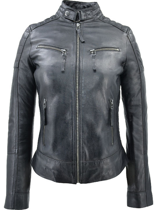 Δερμάτινα 100 Women's Short Lifestyle Leather Jacket for Winter with Hood Black