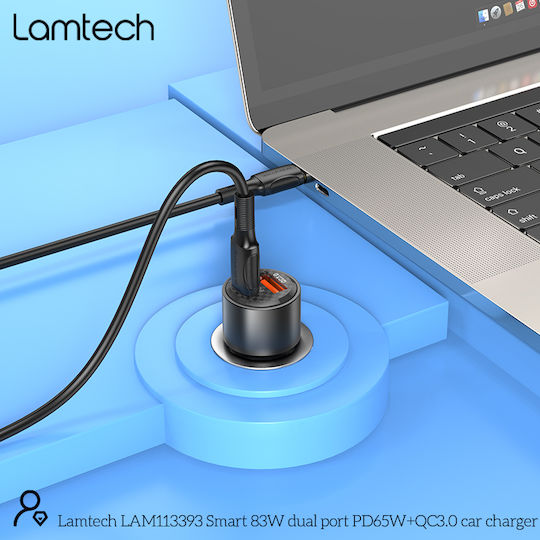 Lamtech Φορτιστής Αυτοκινήτου 83W με Θύρες: 1xUSB 1xType-C Μαύρος