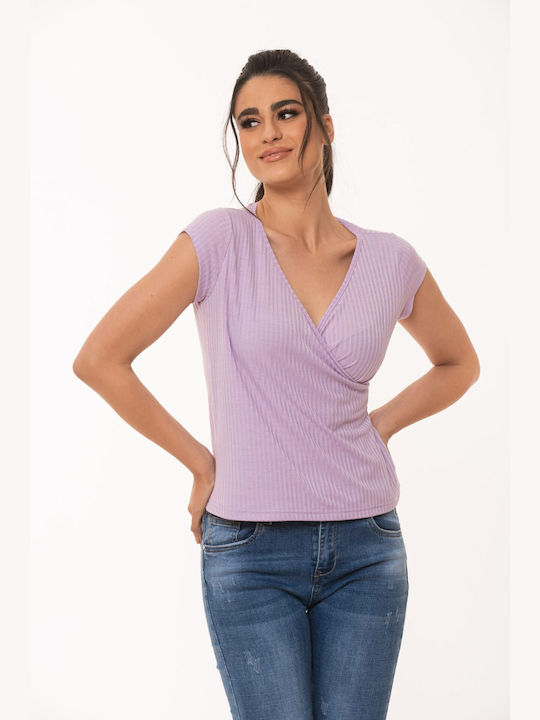 Boutique Damen Sommer Bluse Kurzärmelig mit V-Ausschnitt Flieder