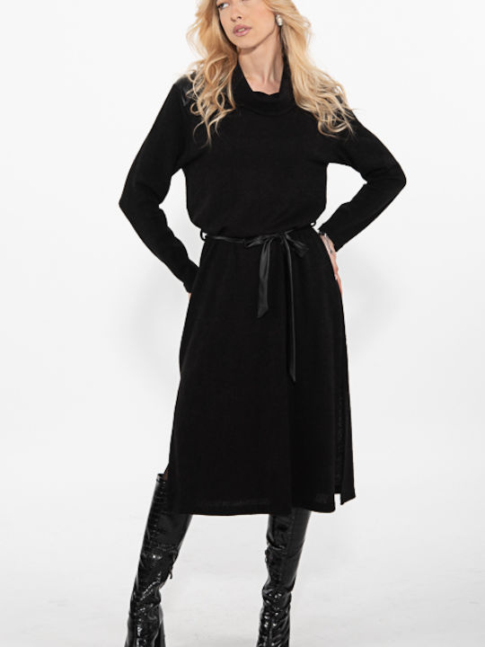 Rodonna Midi Dress Knitted Turtleneck with Slit Black